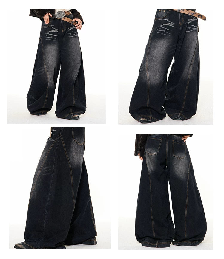 Washed Scratch Detail Wide Leg Denim Jeans