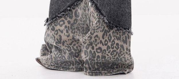 Leopard Print Panel Wide-Leg Jeans