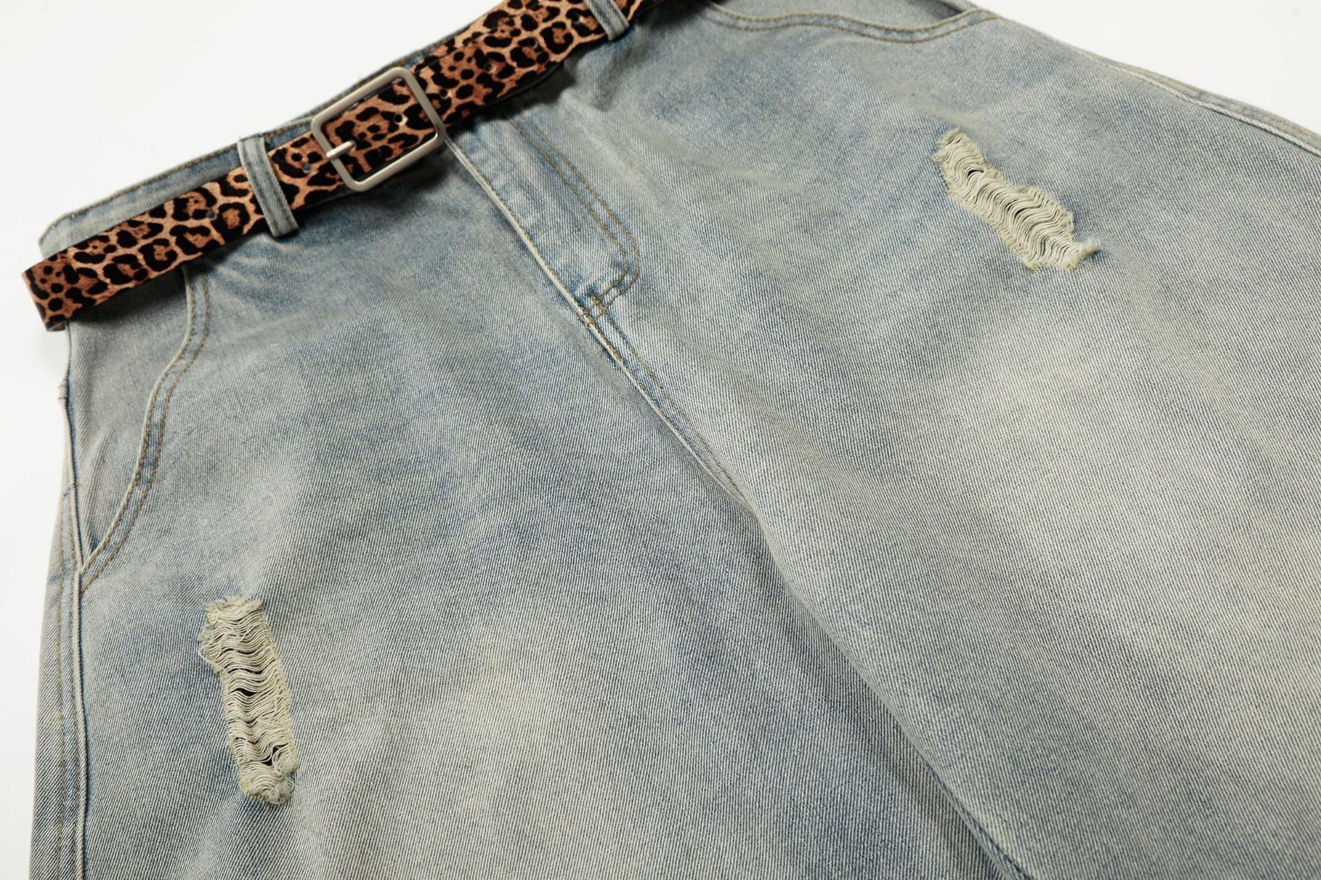 Washed Damage Panel Curved Denim Jeans