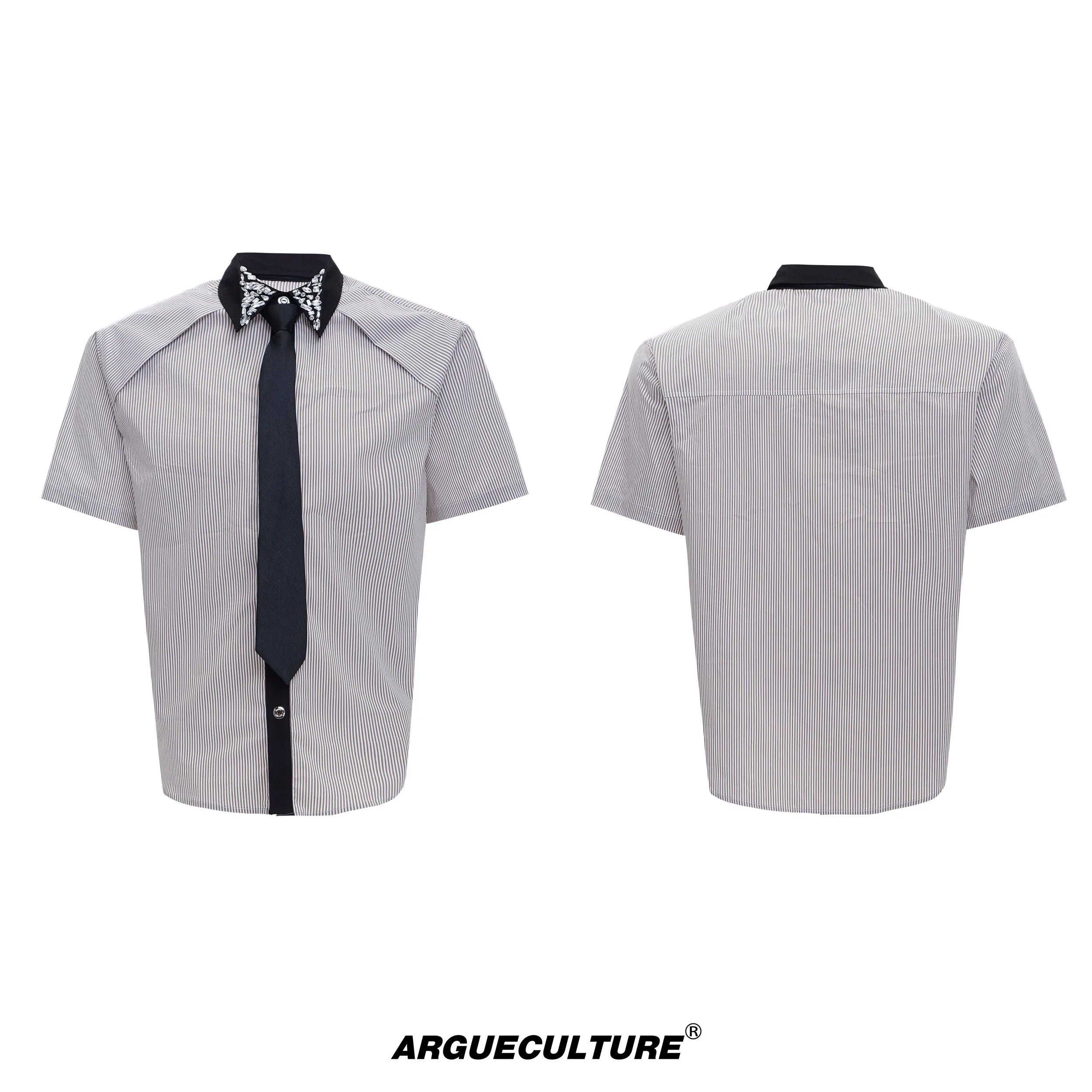 Rhinestone Stripe Two-Tone Patchwork Short Sleeve Shirt