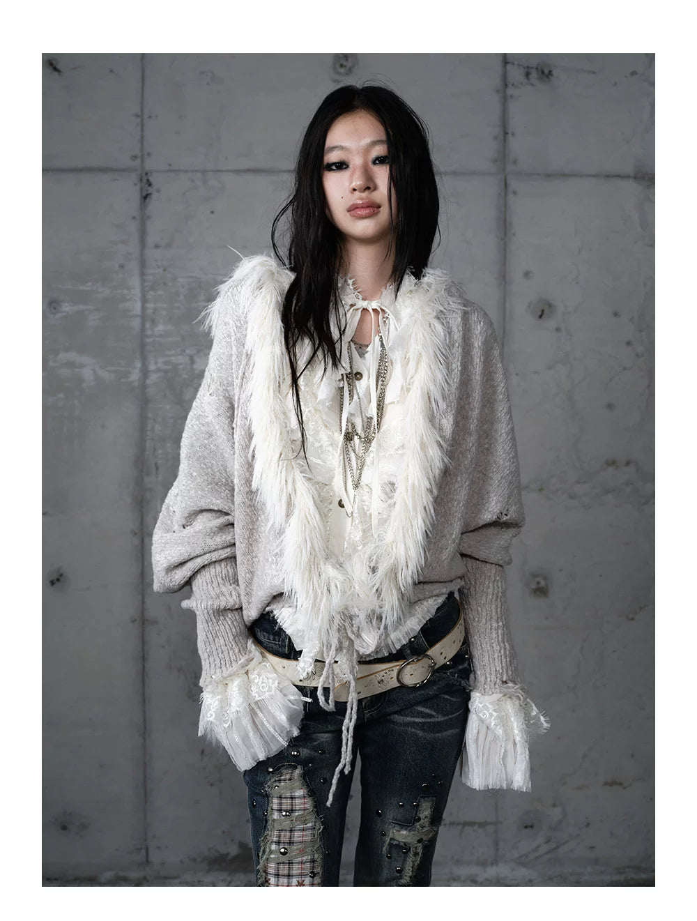 Fake Fur Trim Drawstring Oversize Knit Cardigan