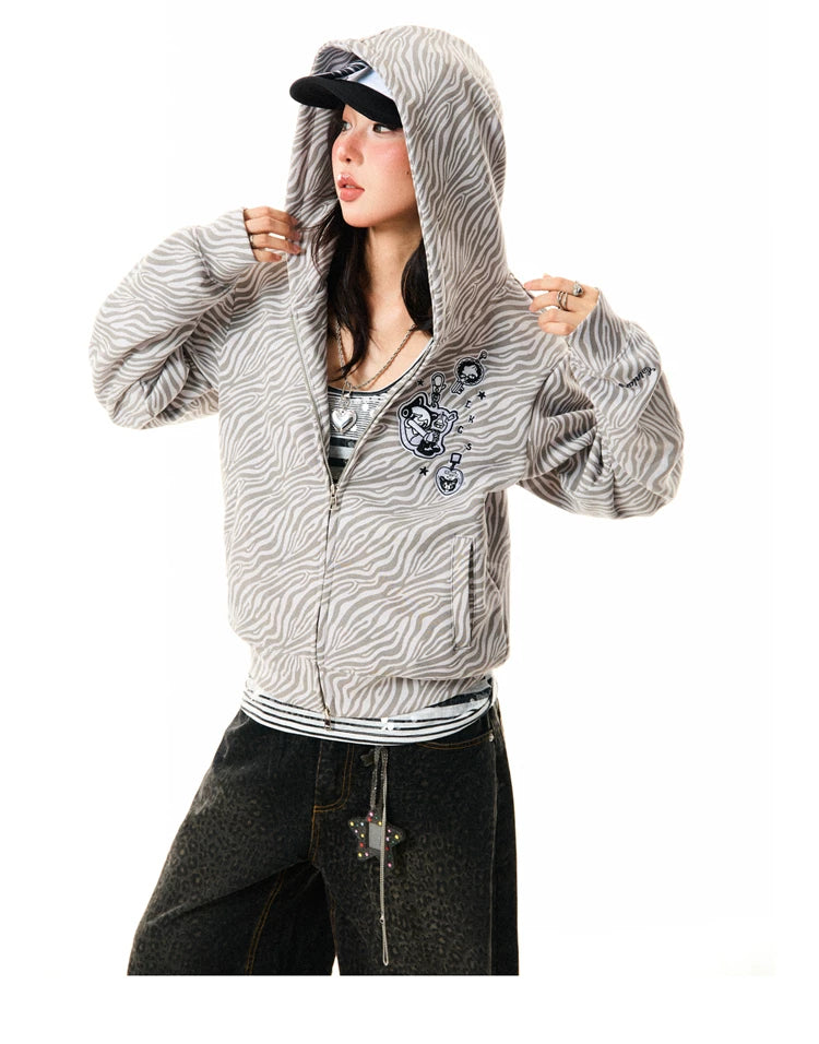 Zebra Print Graphic Zip-Up Hoodie