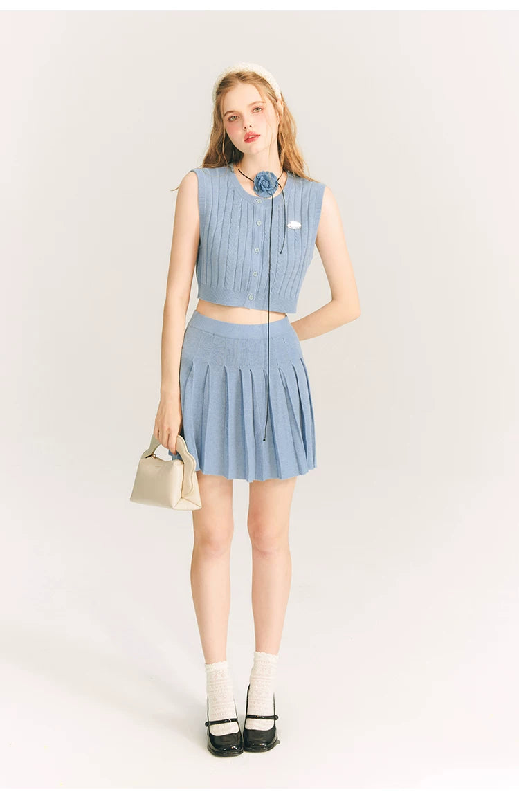 Button Knit Vest & Knit Pleated Skirt Setup
