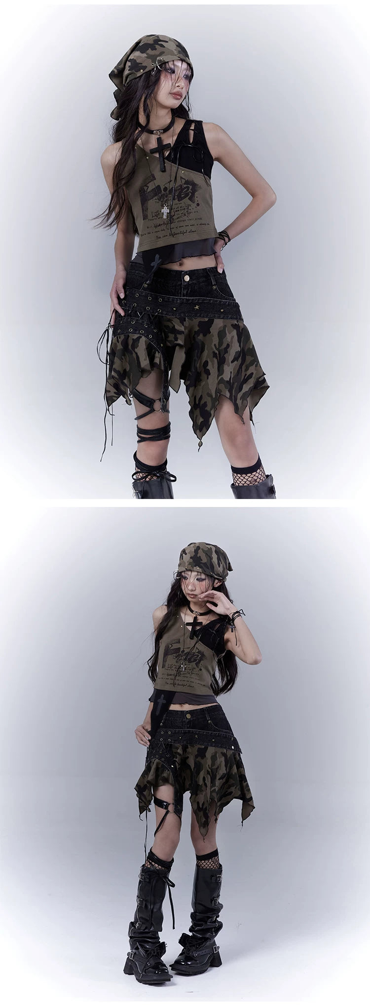 Original Design Damage Camouflage Lace-Up Short Denim Skirt