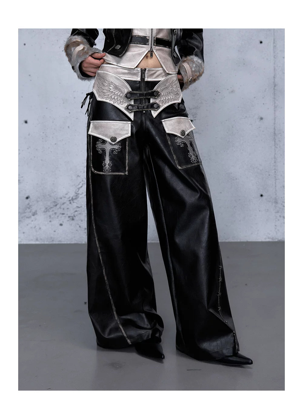 Lace Panel Buckle Detail Wide Leg PU Leather Pants