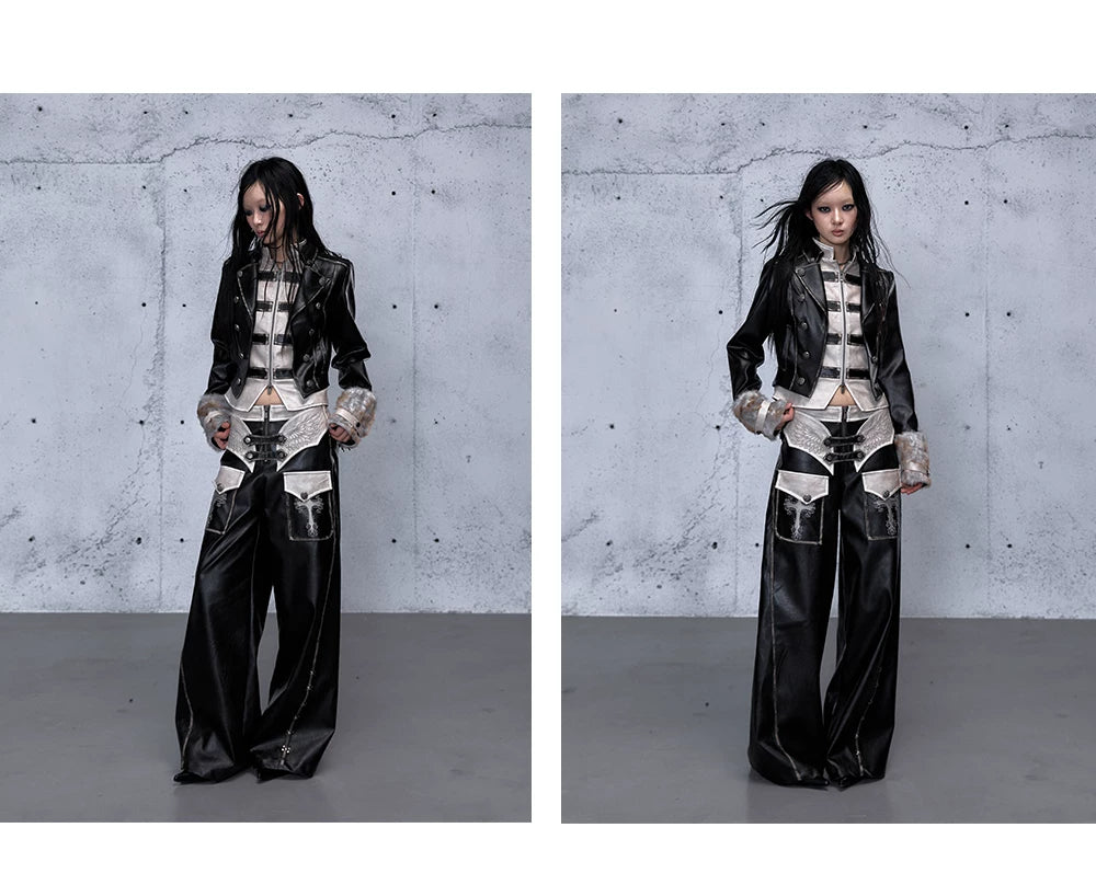 Standing-Collar Belt Detail Fake Fur Cuff PU Leather Jacket