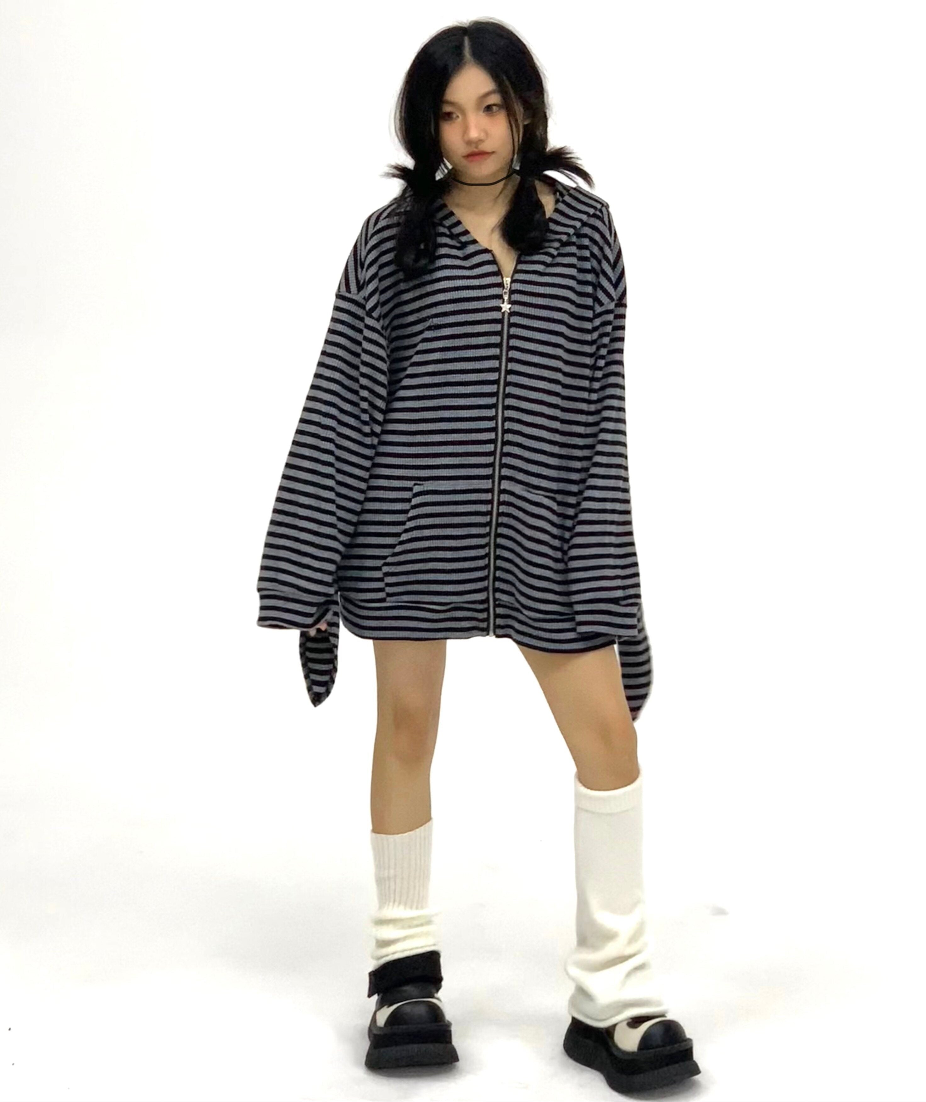 Striped Rabbit Ear Oversize Zipper Jacket & Zipper Coat
