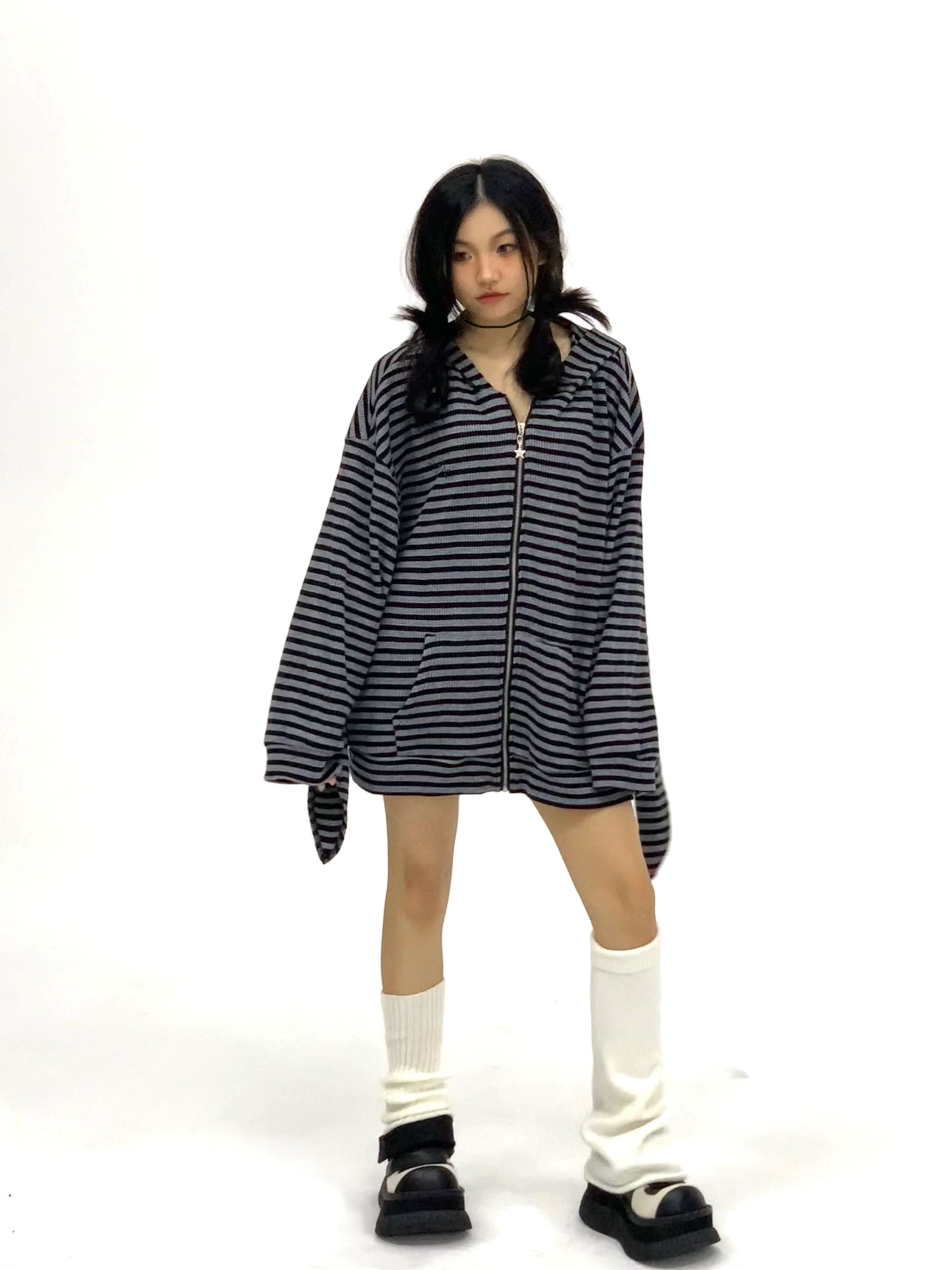 Striped Rabbit Ear Oversize Zipper Jacket & Zipper Coat