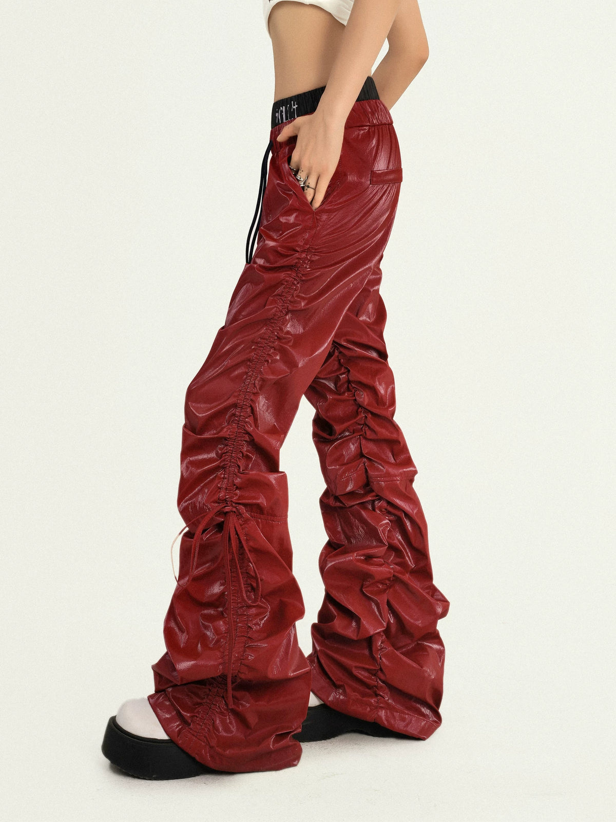 Tie Cord Pleats Double Waist Pants