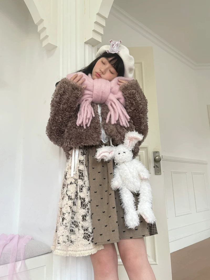 Fake Fur Bow Tie Plush Jacket