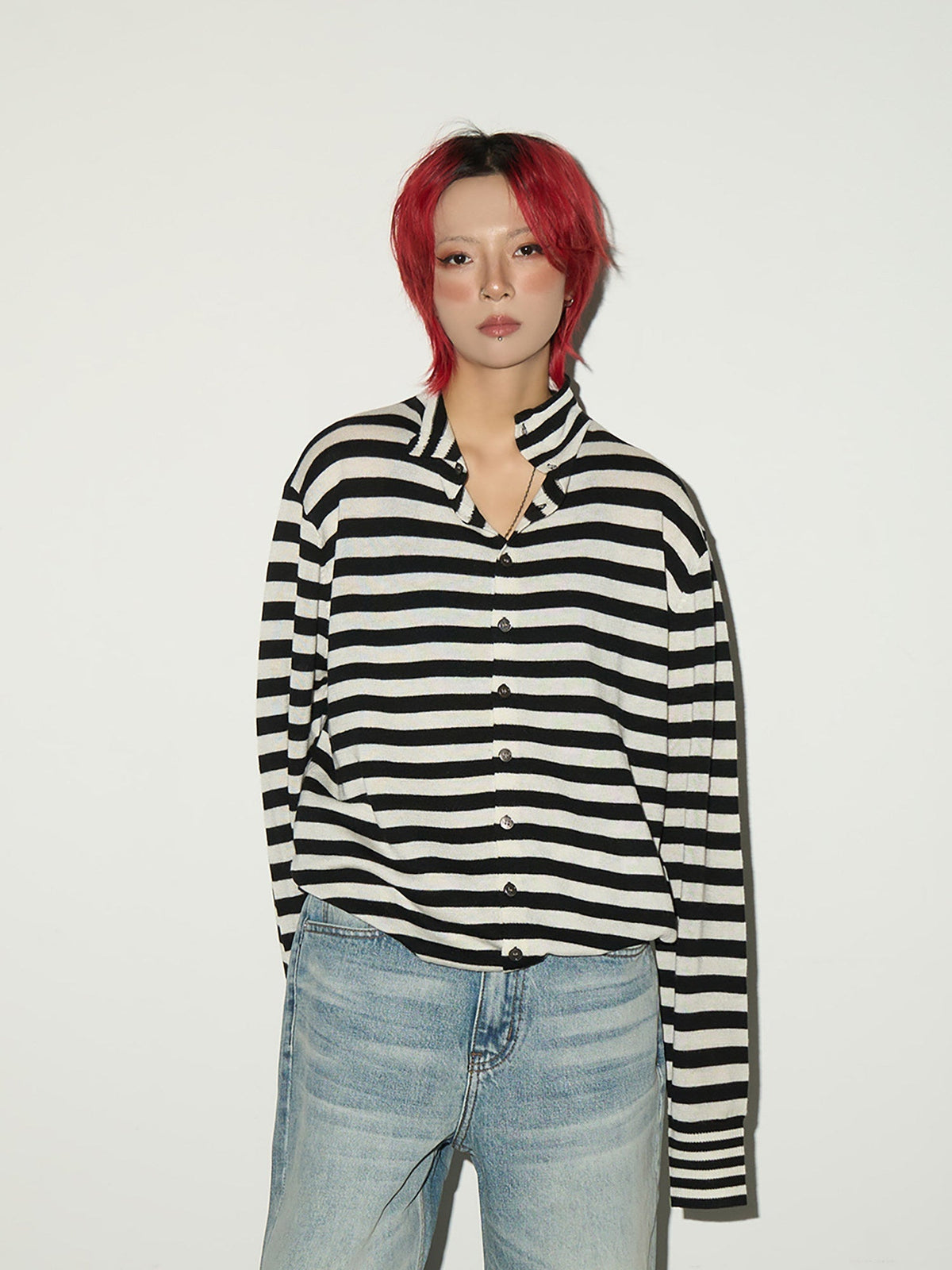 Contrast Stripe Wool Knit High-Neck Cardigan