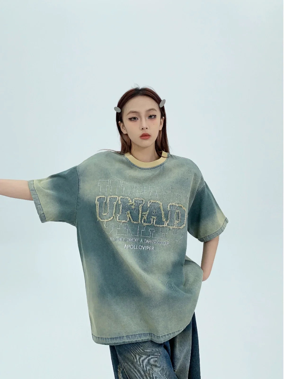 Patch Embroidery Oversized Denim Short Sleeve T-Shirt