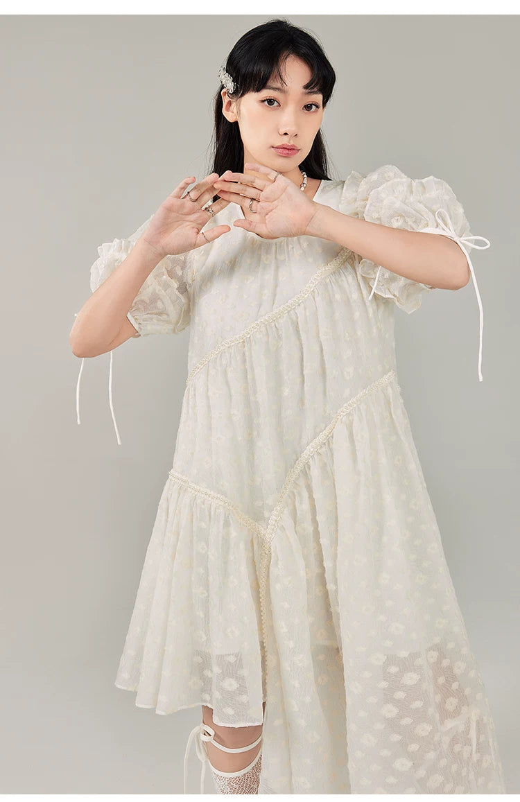 Jacquard Design Short Sleeve Dress With Irregular Hem Length