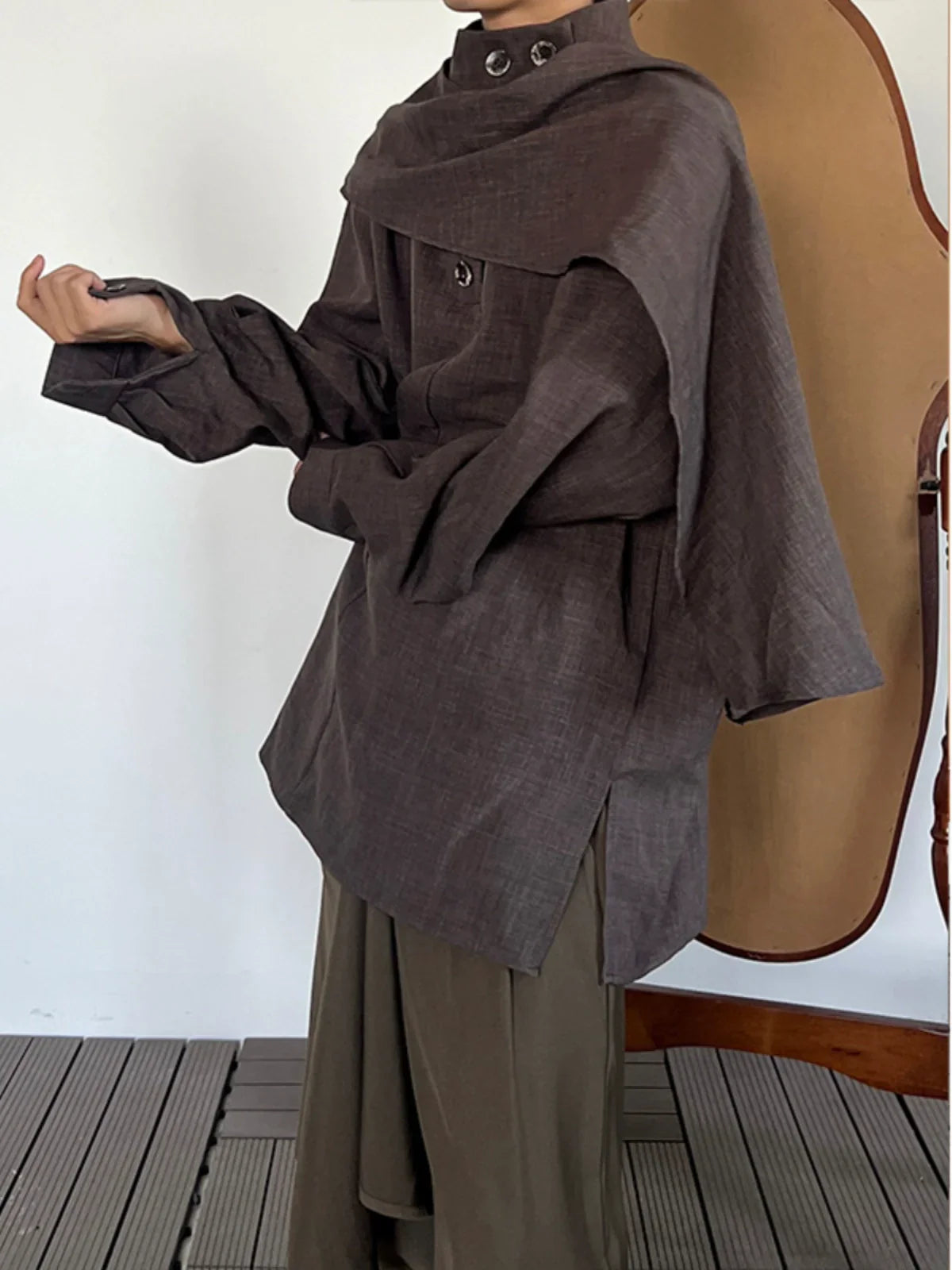 Stand Neck Scarf-Tie Long Sleeve Shirt