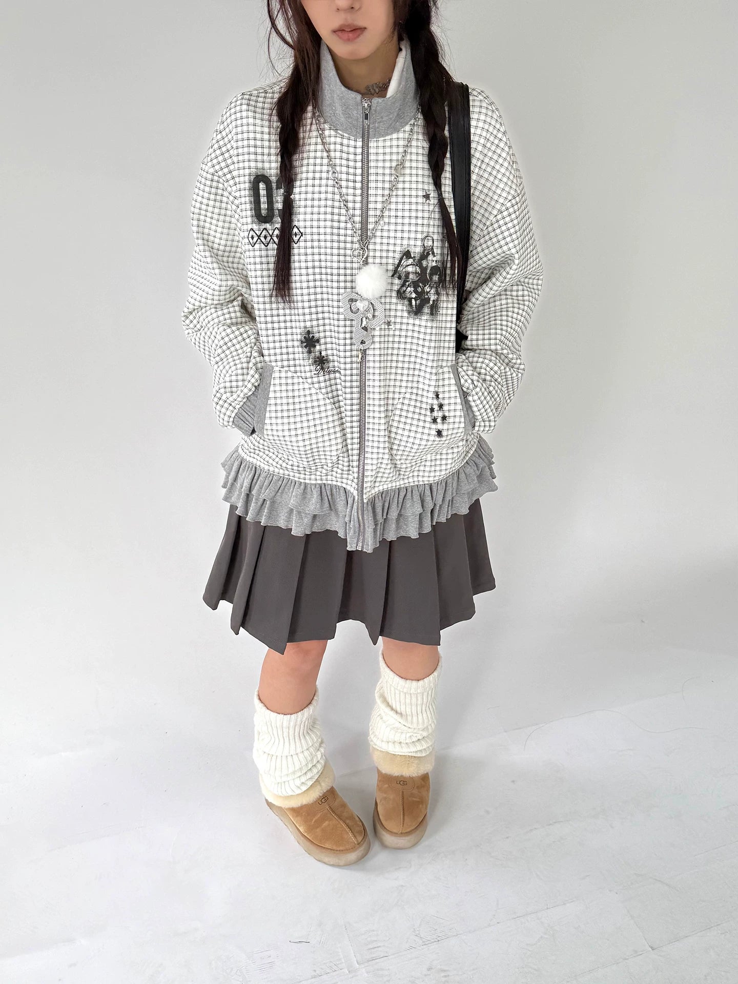 Checkered Ruffle Hem Oversize Zipper Hoodie