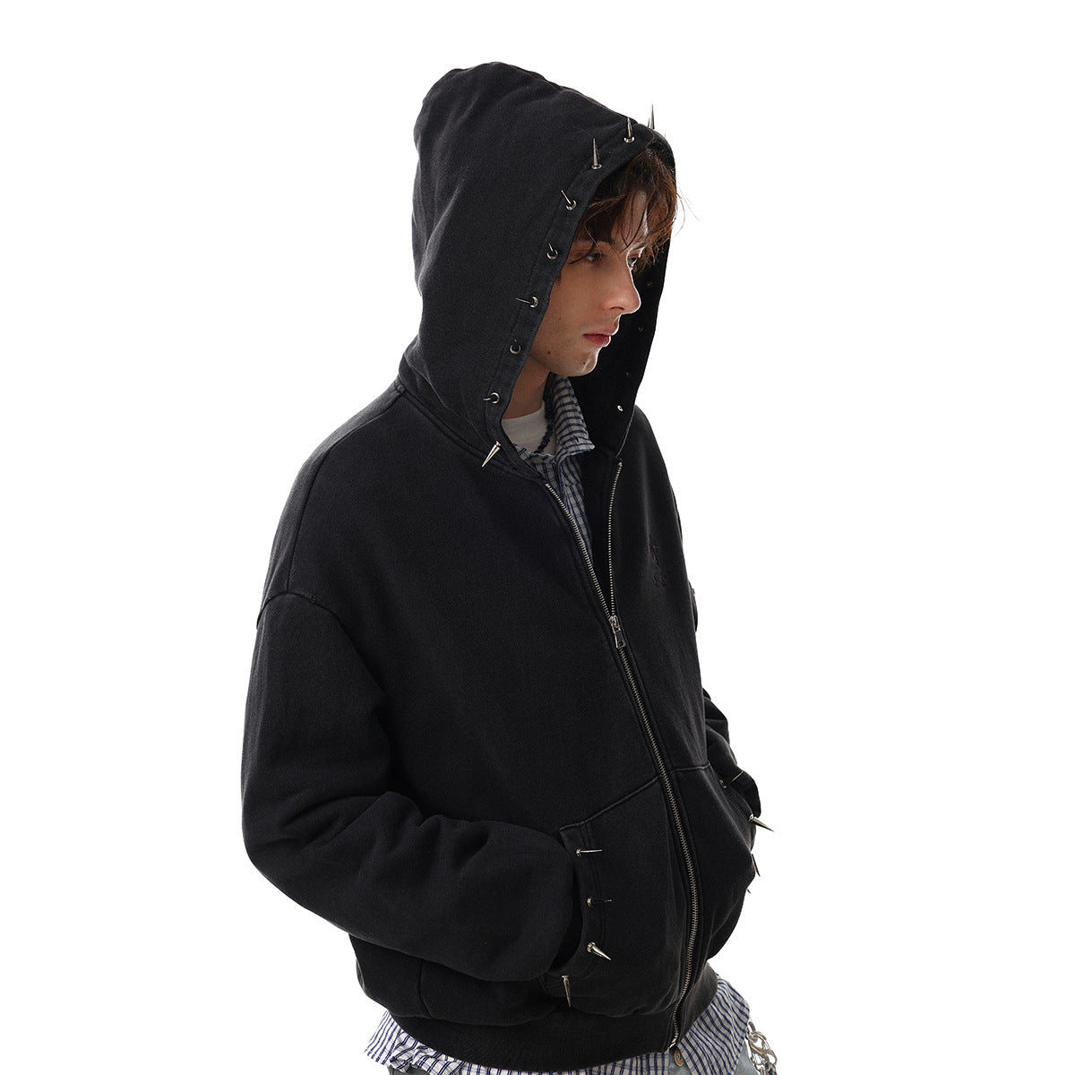 Heavyweight Rivet Washed Damage Zipper Hoodie