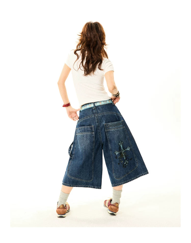 Wide-Leg Denim Shorts