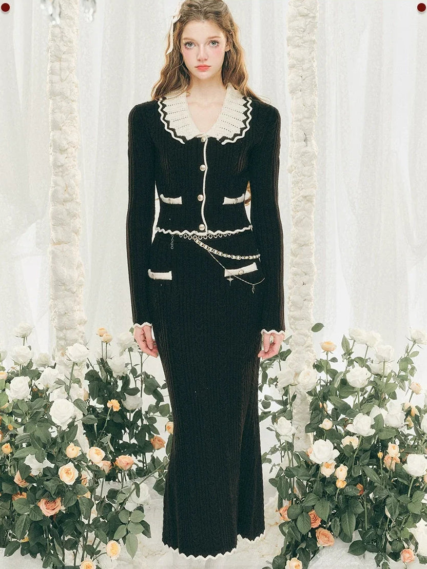 Ensemble cardigan en tricot à grand col et jupe moulante
