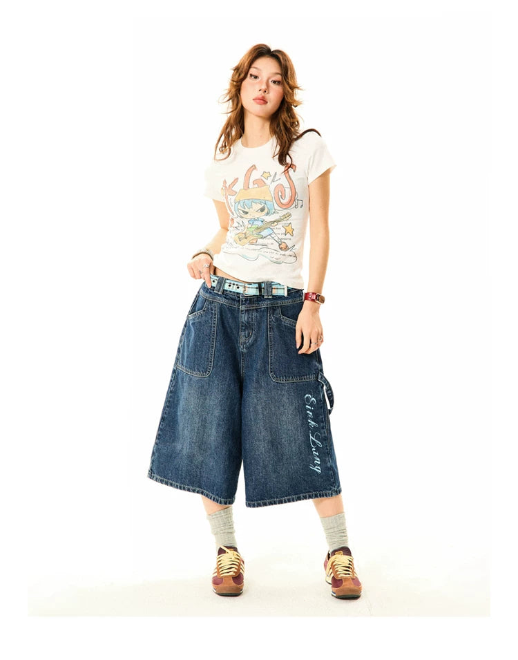 Wide-Leg Denim Shorts