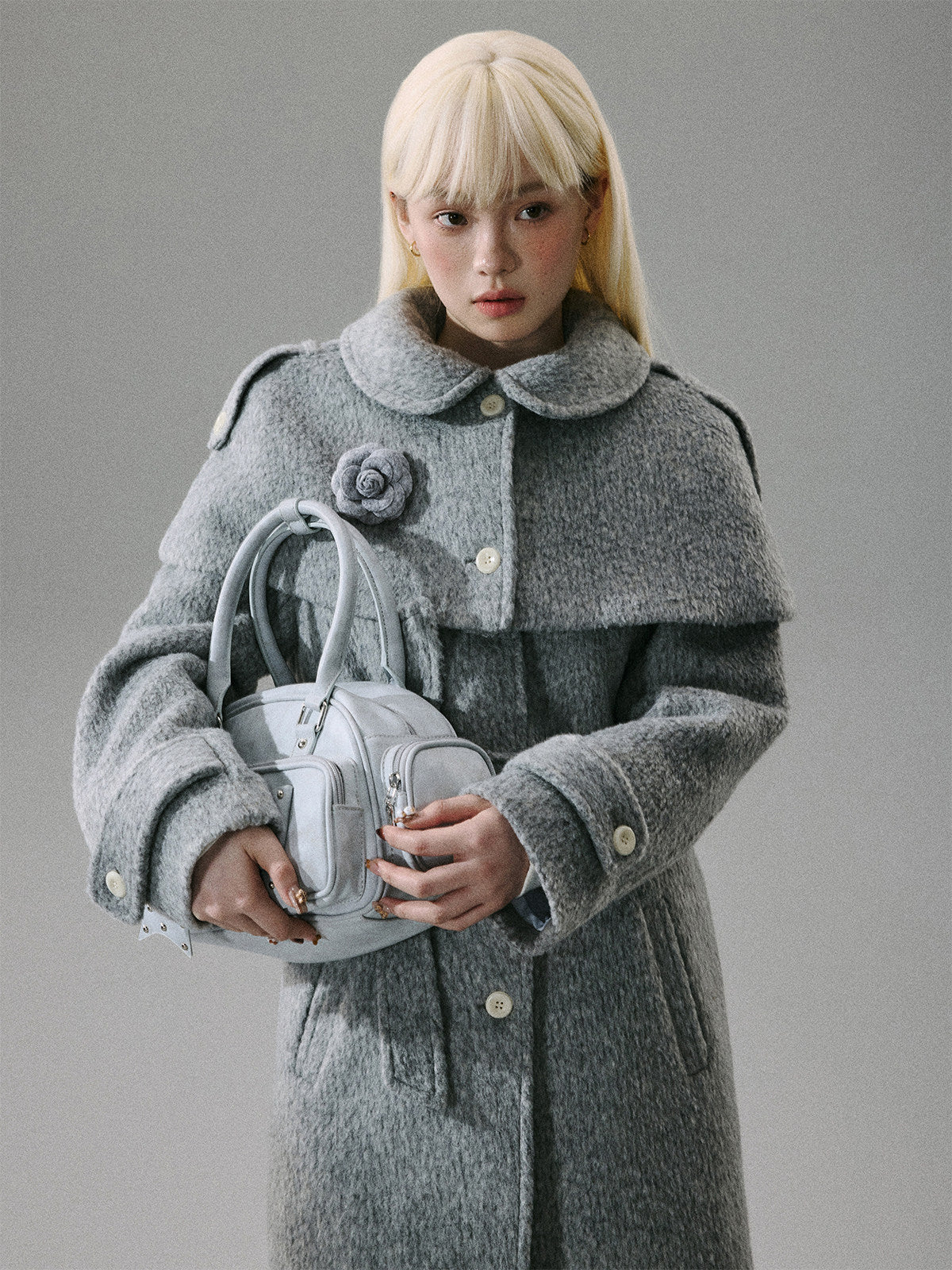 Cape Collar & Flower Detail Belted Coat
