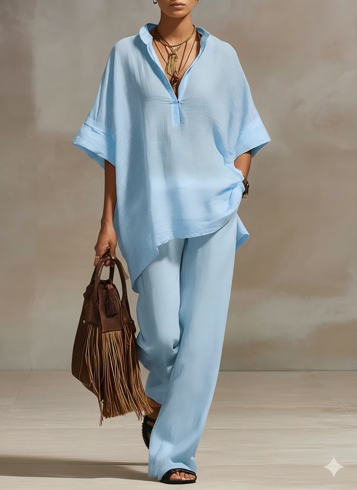 2 Piece Summer Set Loose V Neck Batwing Top & Wide Leg Pants