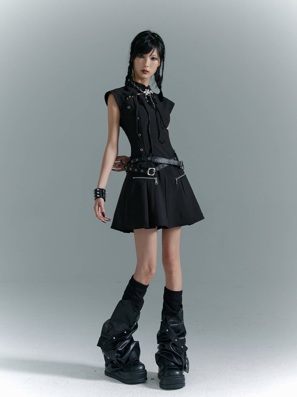 Cutout Pleats Qipao Sleeveless Dress With Belt