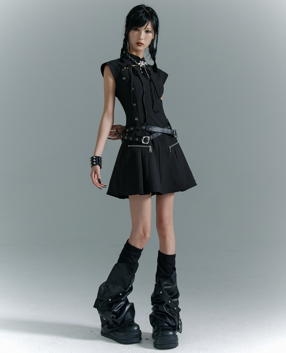 Cutout Pleats Qipao Sleeveless Dress With Belt