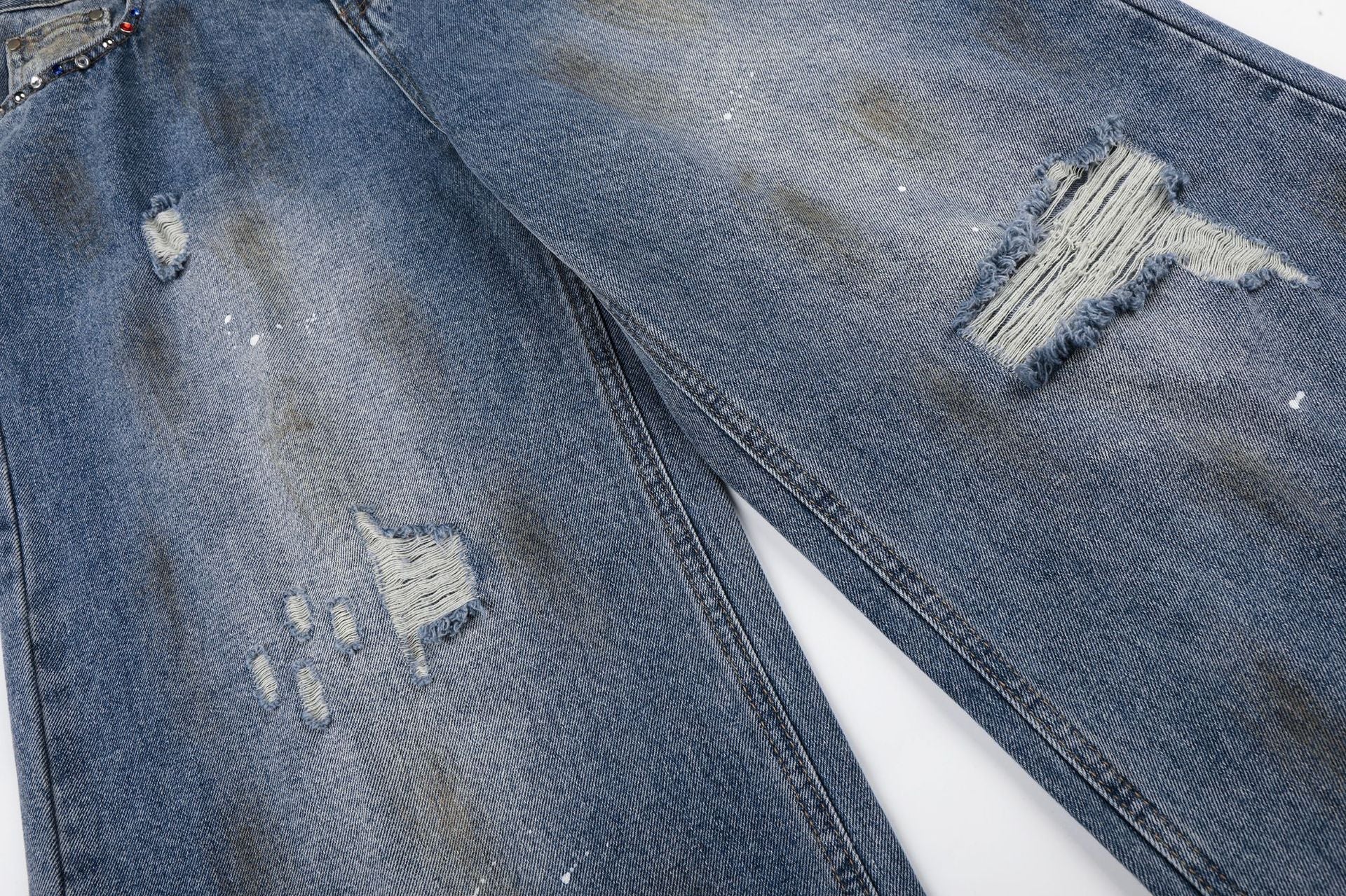 Washed Paint Damage Wide Leg Denim Jeans