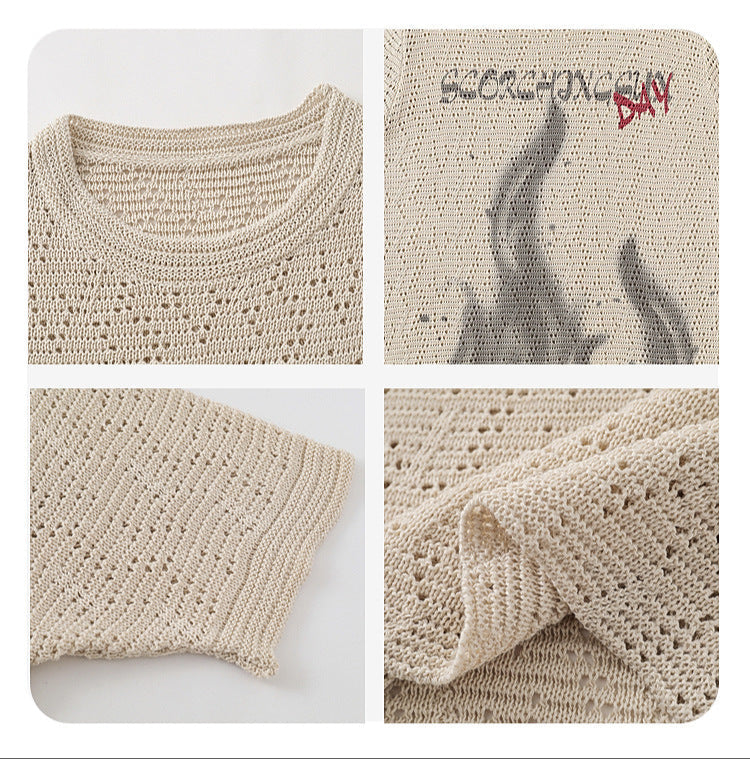 Feuer Ausschnitt Strick Kurzarm T-Shirt