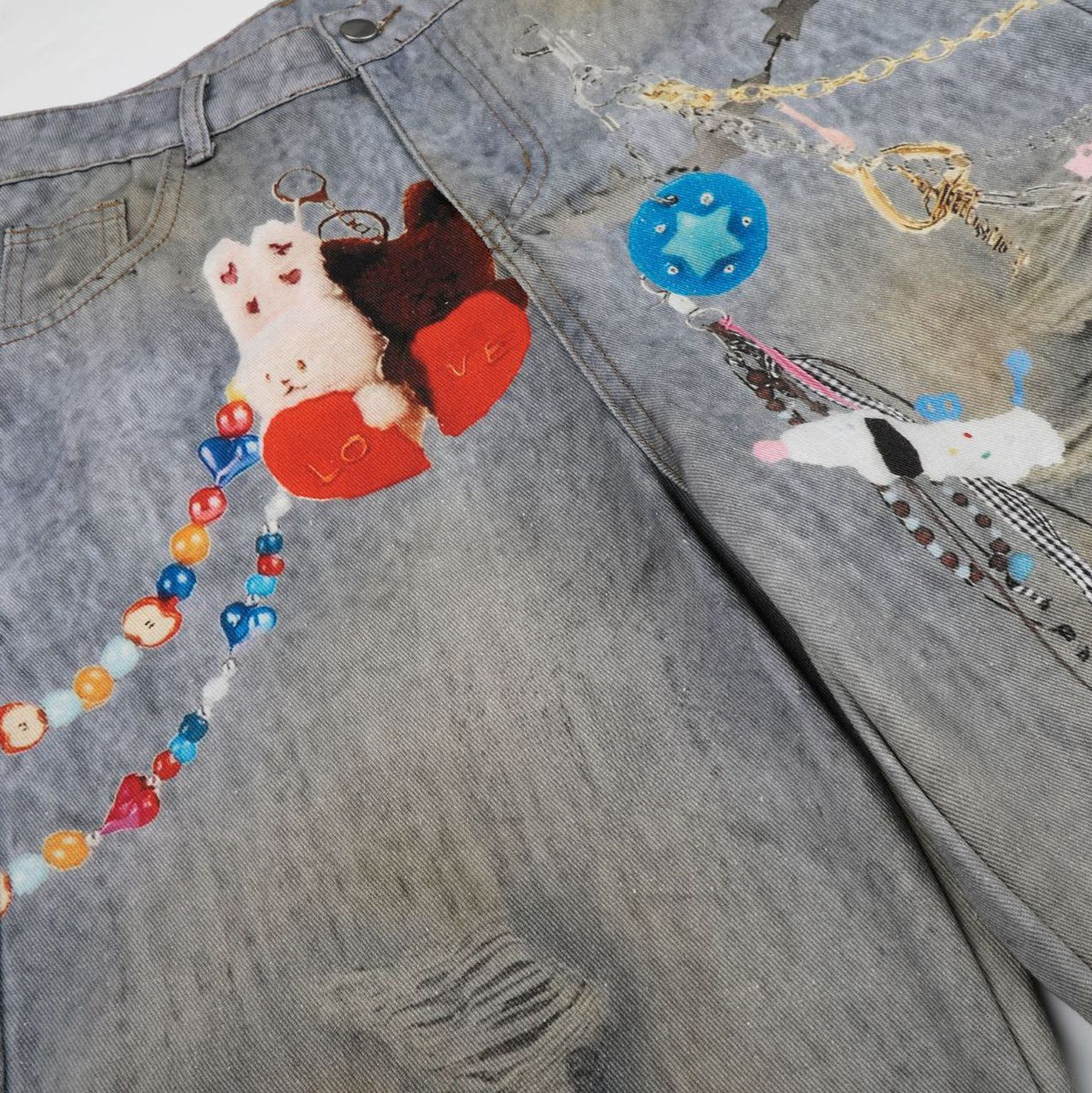 Washed Damage Embroidery Wide Leg Denim Jeans