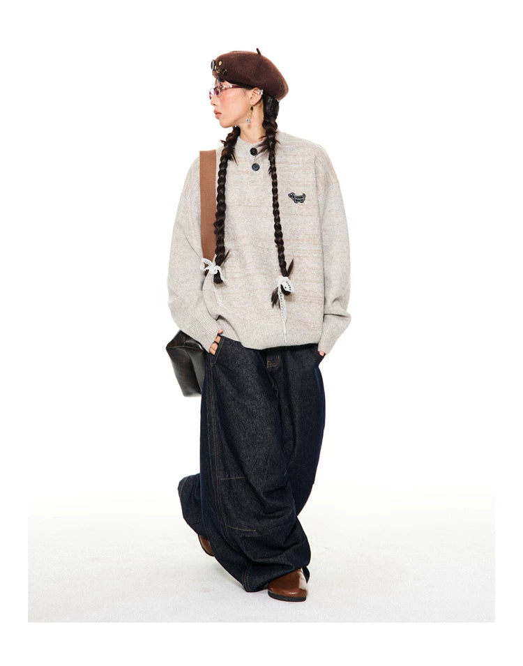 Button-Detail Stand Neck Knit Sweater