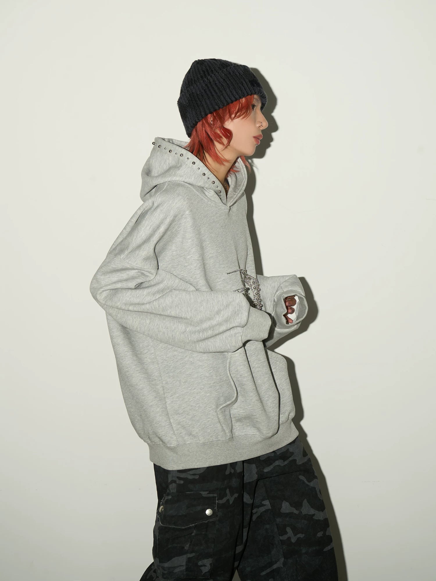 Studded Beaded Design Oversize Pullover Hoodie