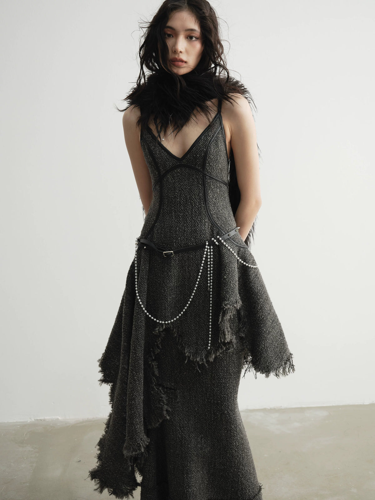 Frayed Fringe Strap Shoulder Dress
