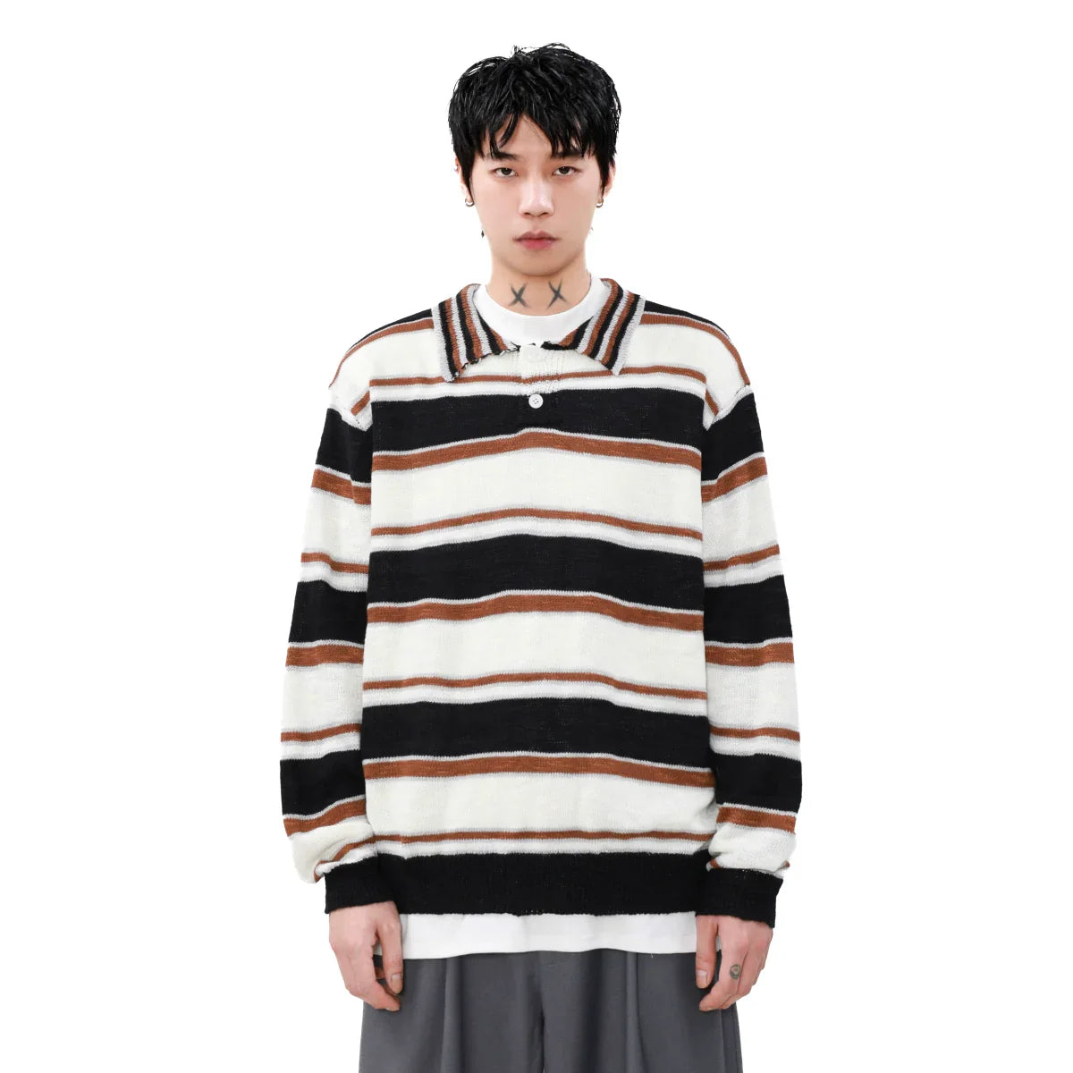 Contrast Stripe Polo Knit Sweater