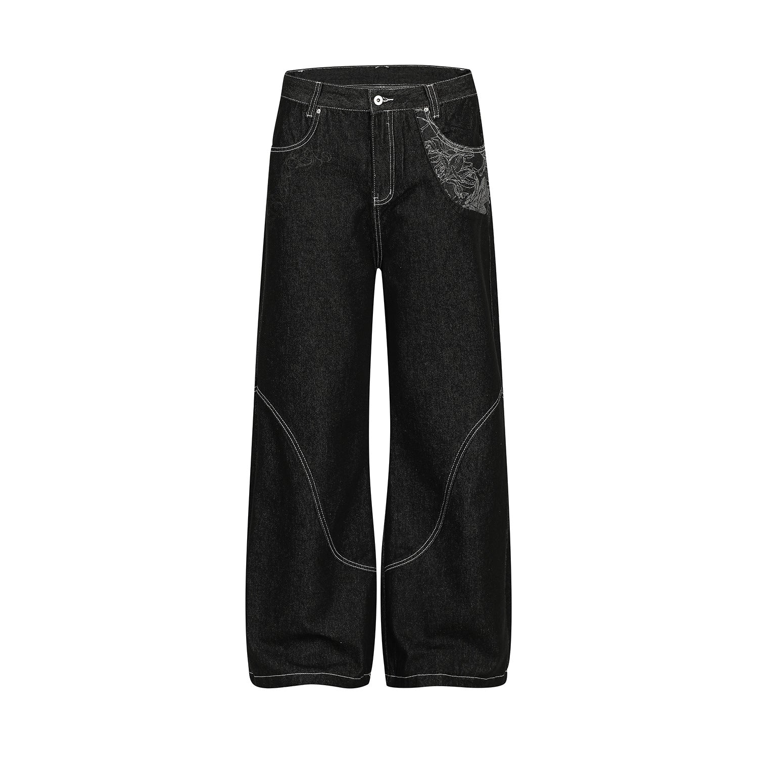 Contrast Stitch Bandana Patch Wide Leg Denim Jeans