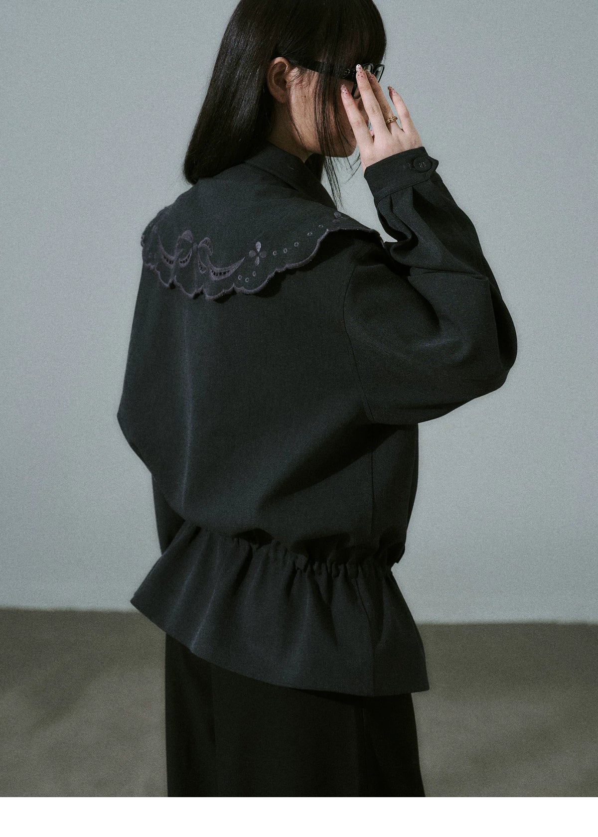 Embroidery Collar Drawstring Waist Double-Breasted Jacket