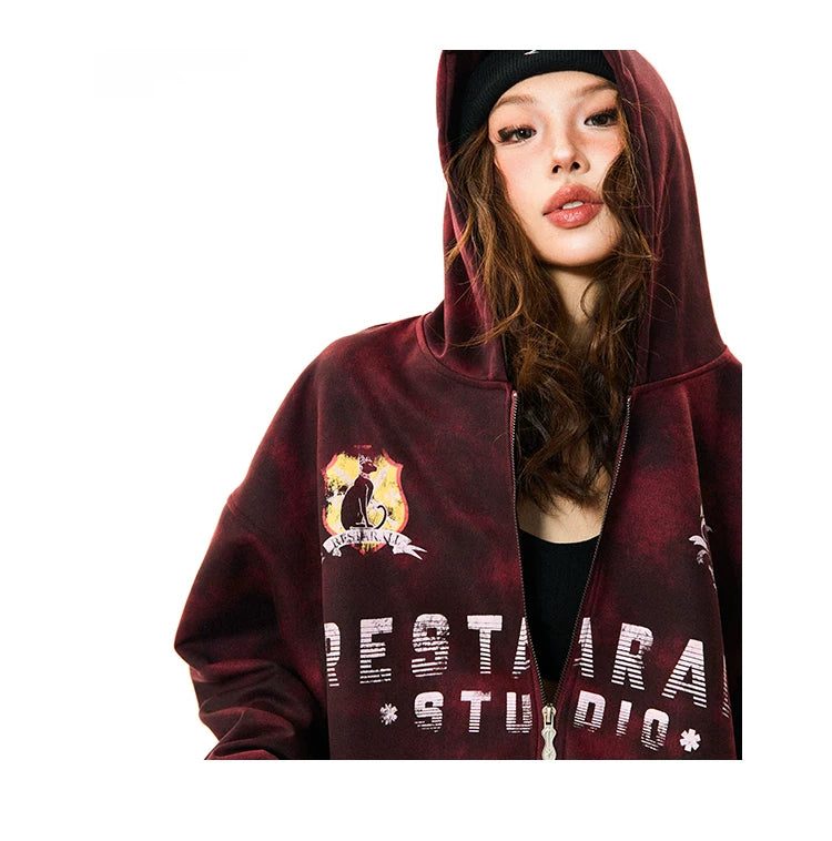 Tie-Dye Letter Print Oversize Zipper Hoodie