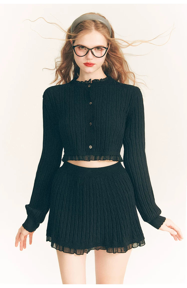 Tulip Button Knit Cardigan & Knit Short Skirt Setup