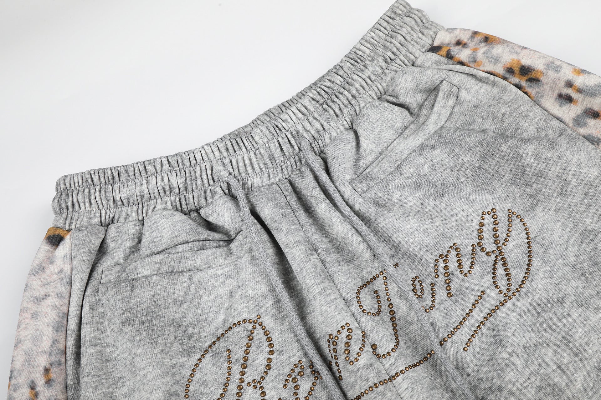 Leopard Print Curved Studs Wide Leg Sweatpants