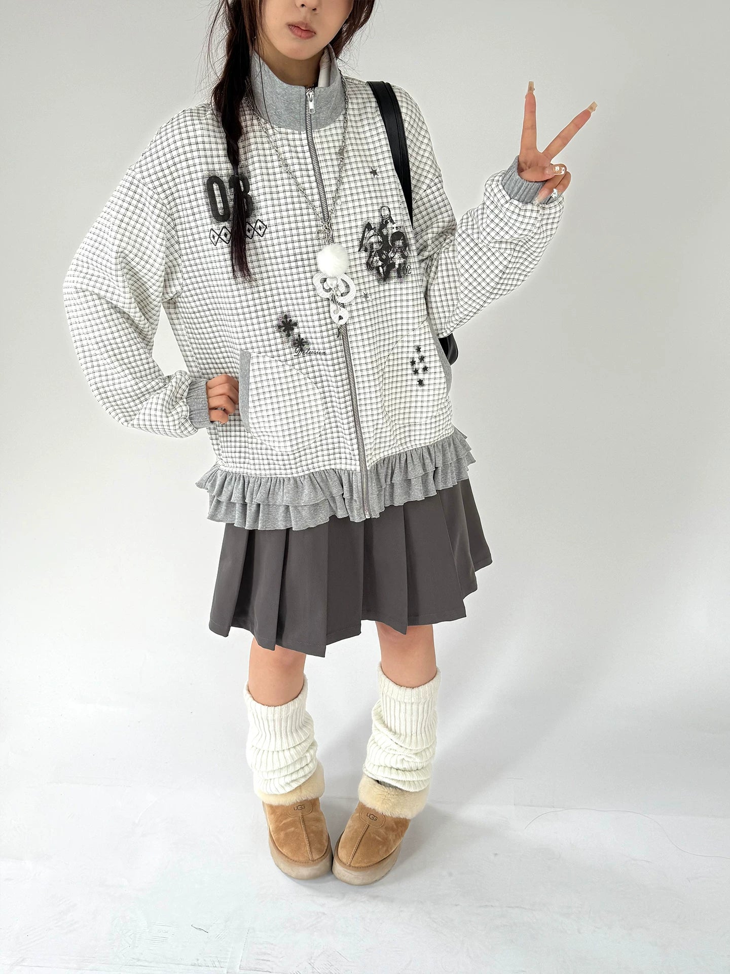 Checkered Ruffle Hem Oversize Zipper Hoodie