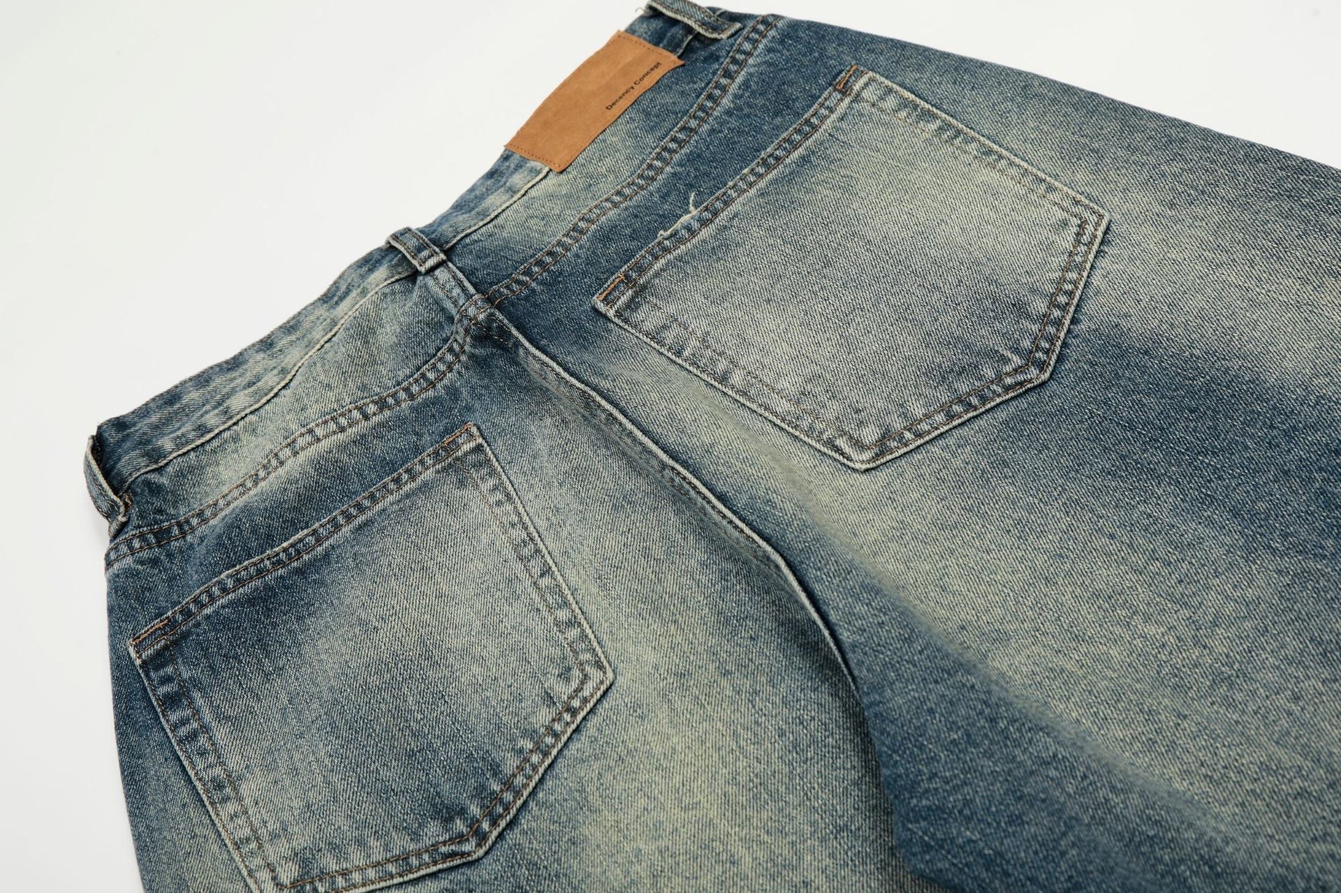 Whisker Damage Wide Leg Denim Jeans