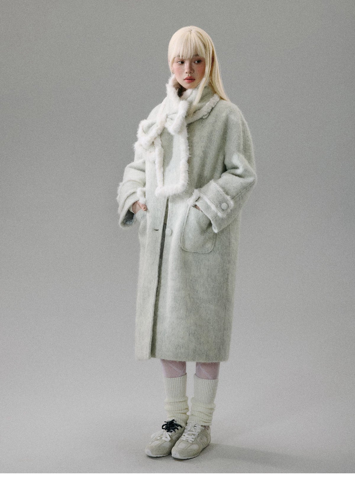 Cherry Blossom Tweed Water Ripple Bow Detachable Scarf Coat