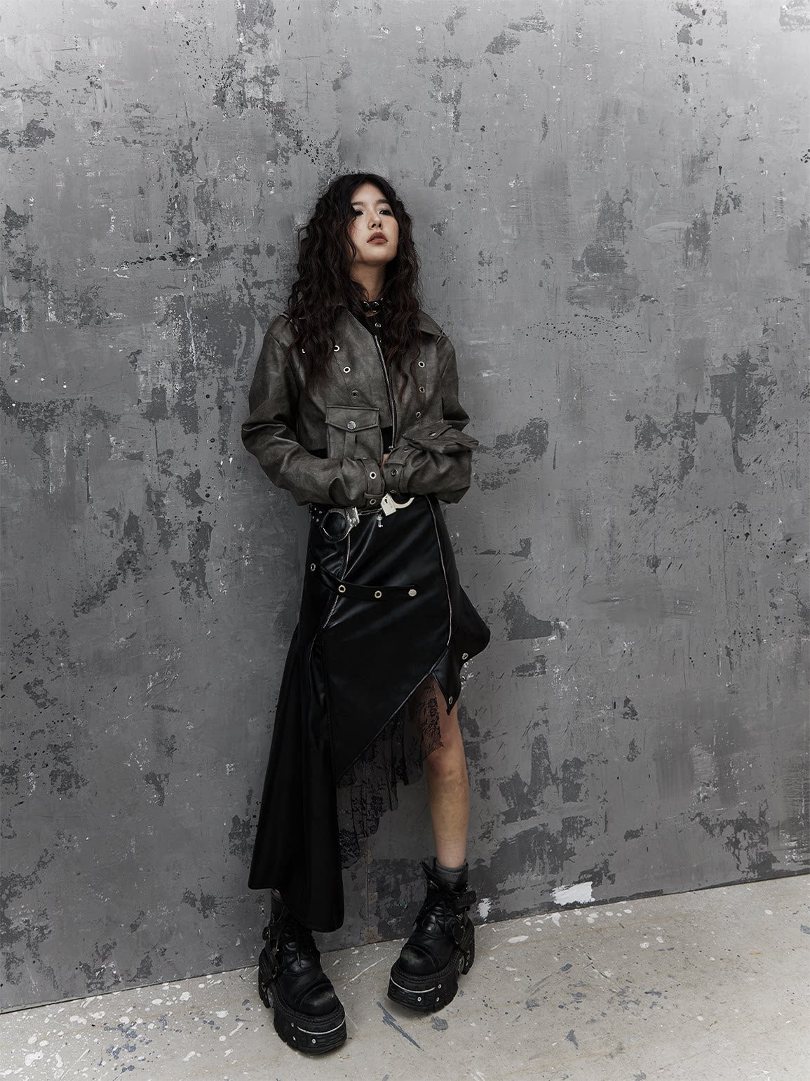 Asymmetric PU Leather Mesh Patchwork Skirt