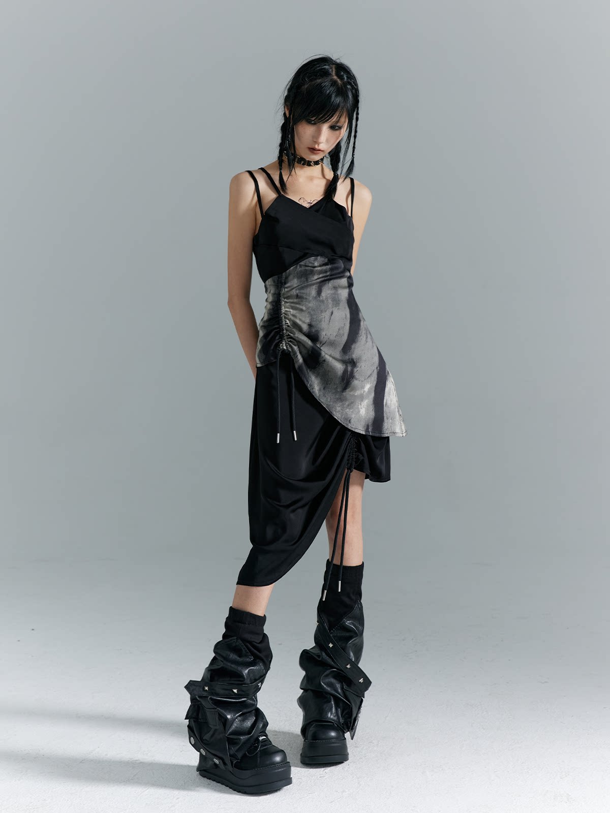 Drawstring Asymmetrical Hem Camisole Midi Dress