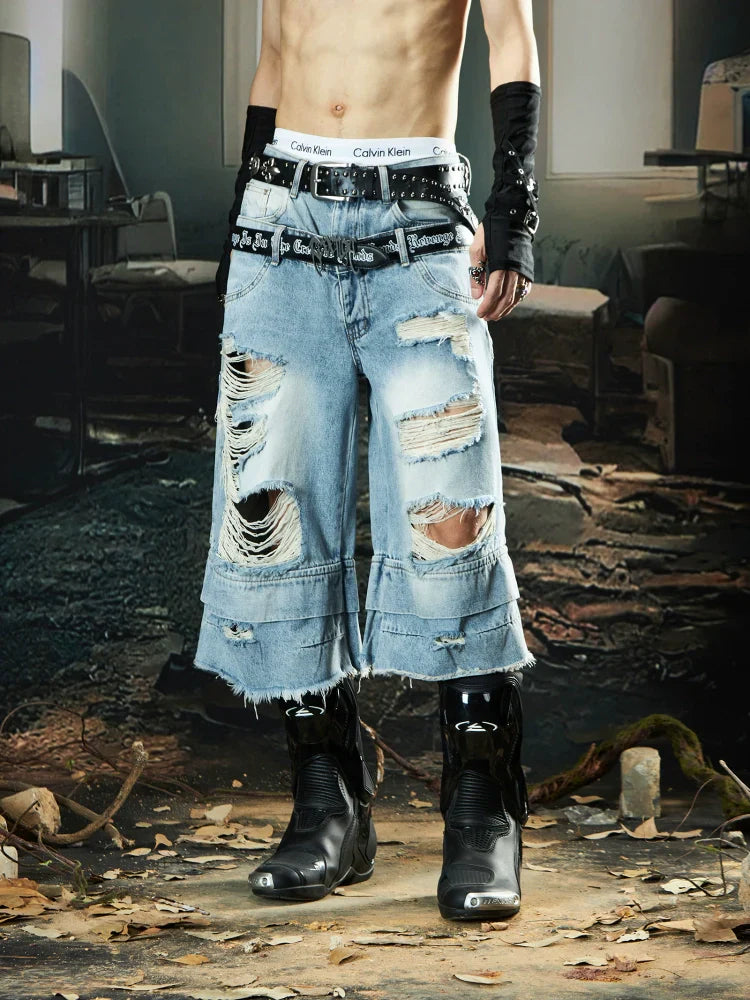 Double Waistband Ripped Washed Wide Leg Short