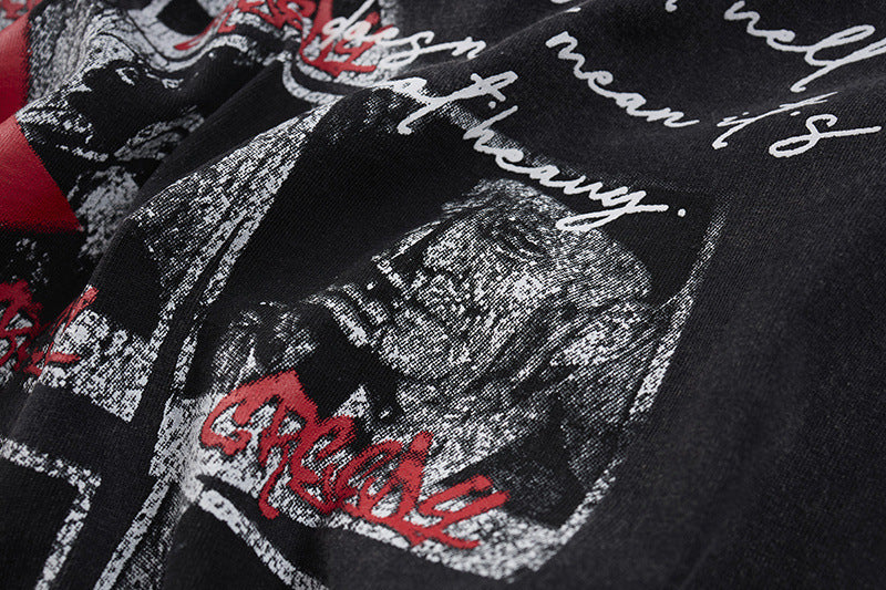 Washed Portrait Letter Print Short Sleeve T-Shirt