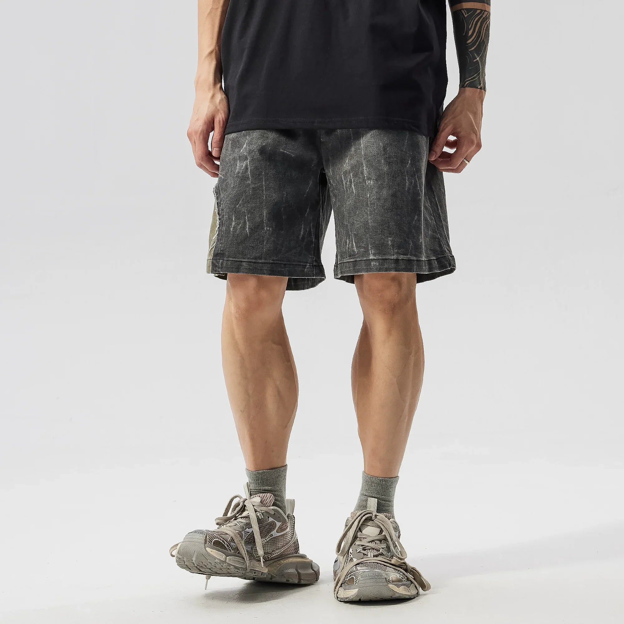 Washed Patchwork Drawstring Wide Leg Short