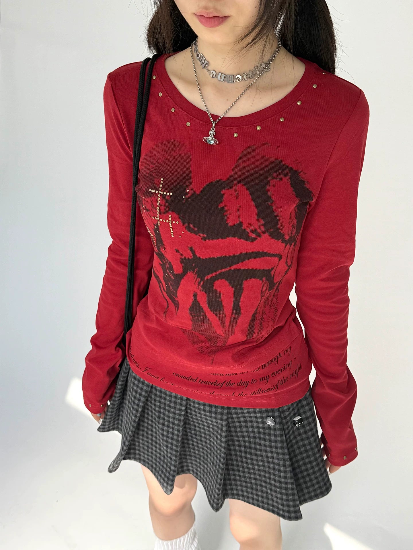 Cross Print Rivet Long Sleeve T-Shirt