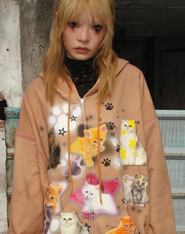 Cat Print Zipper Hoodie