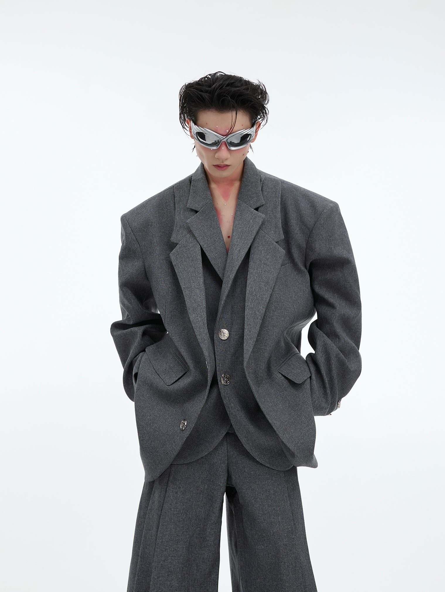 Double-layer Design Oversize Tailored Jacket & Wide Leg Pleats Trousers Setup